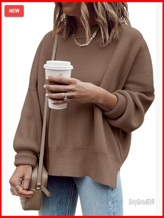Sweaters - Oversized Ribbed Knit Pullover Sweater with Side Slits, Slouchy Tunic
